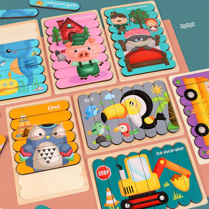 Drewniane Puzzle 3D ze Zwierzętami dla Dzieci – Dwustronna Edukacyjna Zabawka Rozwijająca Motorykę i Funkcje Poznawcze (3+)