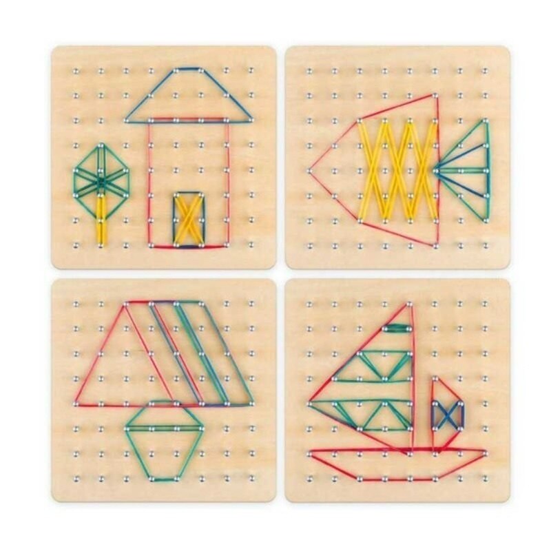 Montessori Geobord Drewniany – Gra Kształtów z Gumkami (3+ Lata)