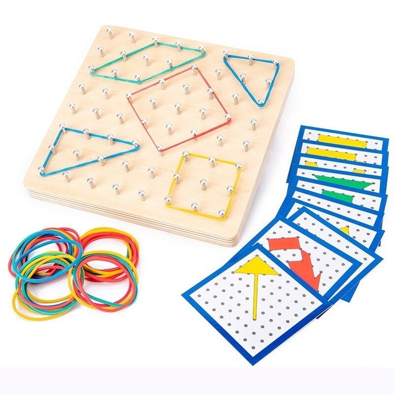 Montessori Geobord Drewniany – Gra Kształtów z Gumkami (3+ Lata)
