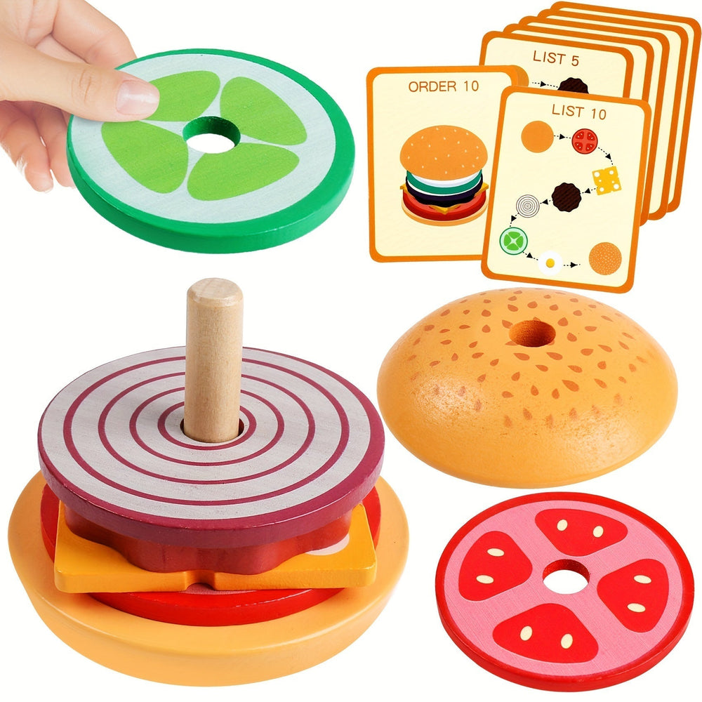 BurgerStacker Montessori Drewniana Układanka – Kreatywna i Edukacyjna Zabawka dla Dzieci od 3 Lat, Rozwija Motorykę Małą i Umiejętności Rozwiązywania Problemów