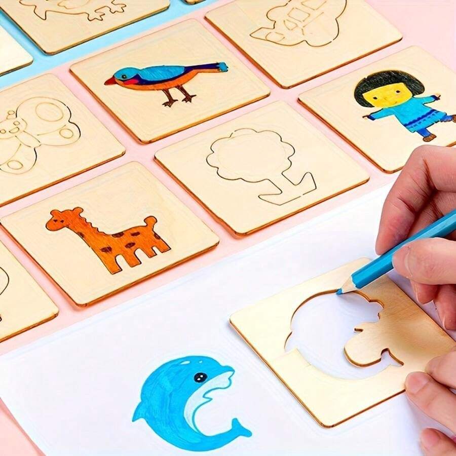 Drewniane Szablony dla Dzieci – Montessori Szablony do Rysowania (20 szt., 3+)