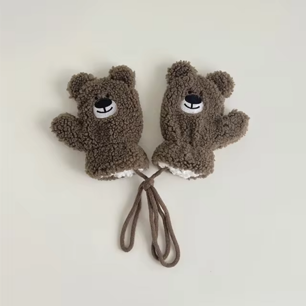 Beary Rękawiczki Dziecięce – Ciepłe Zimowe Rękawiczki Polarowe z Motywem Misia i Sznurkiem