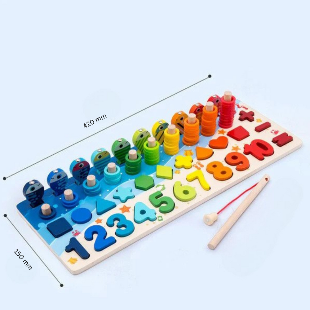 Montessori Drewniana Tablica Edukacyjna – Sensoryczna Zabawka Edukacyjna z Drewna Bukowego | Nauka Liczenia, Alfabetu i Łowienia Rybek dla Dzieci 2+