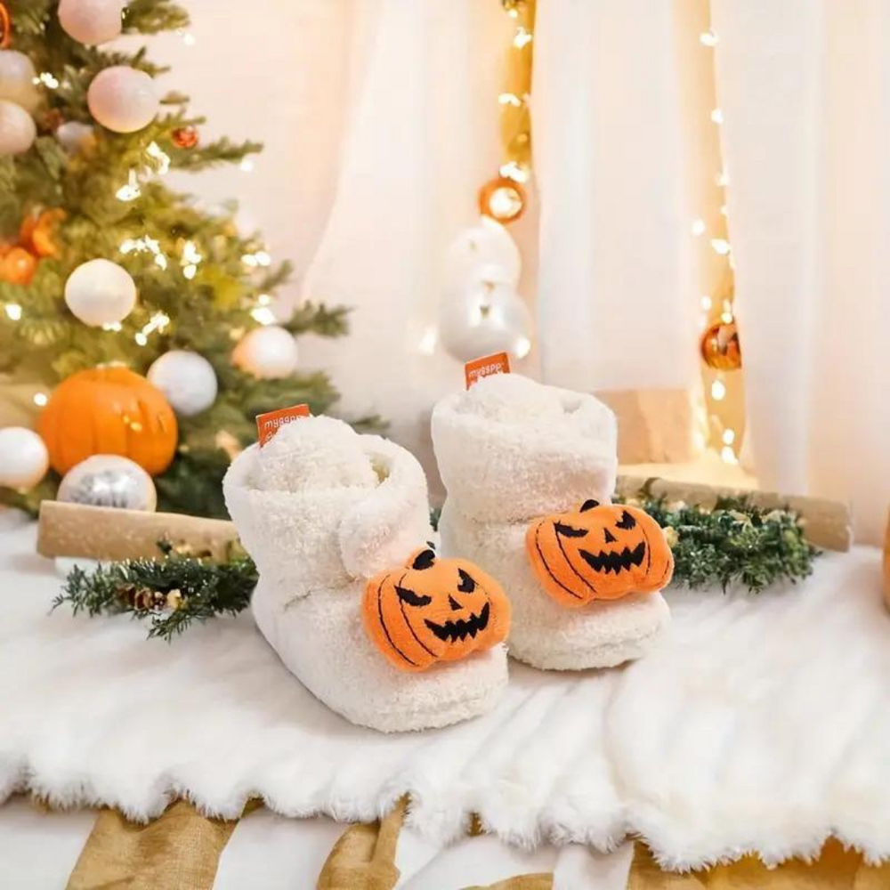 FrightFeet Kapcie Dziecięce Halloween – Ciepłe Polarowe Kapcie z Dyniami i Pająkami na Jesień i Zimę