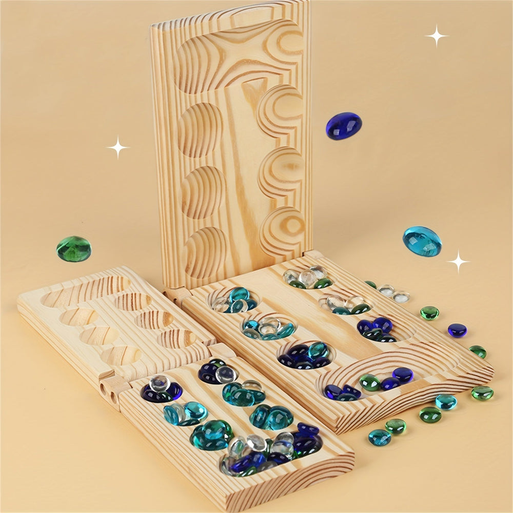 BrainStones – Luksusowa Przenośna Gra Podróżna Mancala dla Rodziny, Dzieci i Miłośników Strategii – Edukacyjna, Kompaktowa i Wysokiej Jakości Drewniana Plansza z 48 Szklanymi Kamieniami