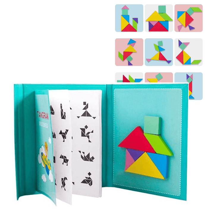 Magnetyczna Książka Tangram dla Dzieci – Drewniany Zestaw Puzzli z 96 Wyzwaniami