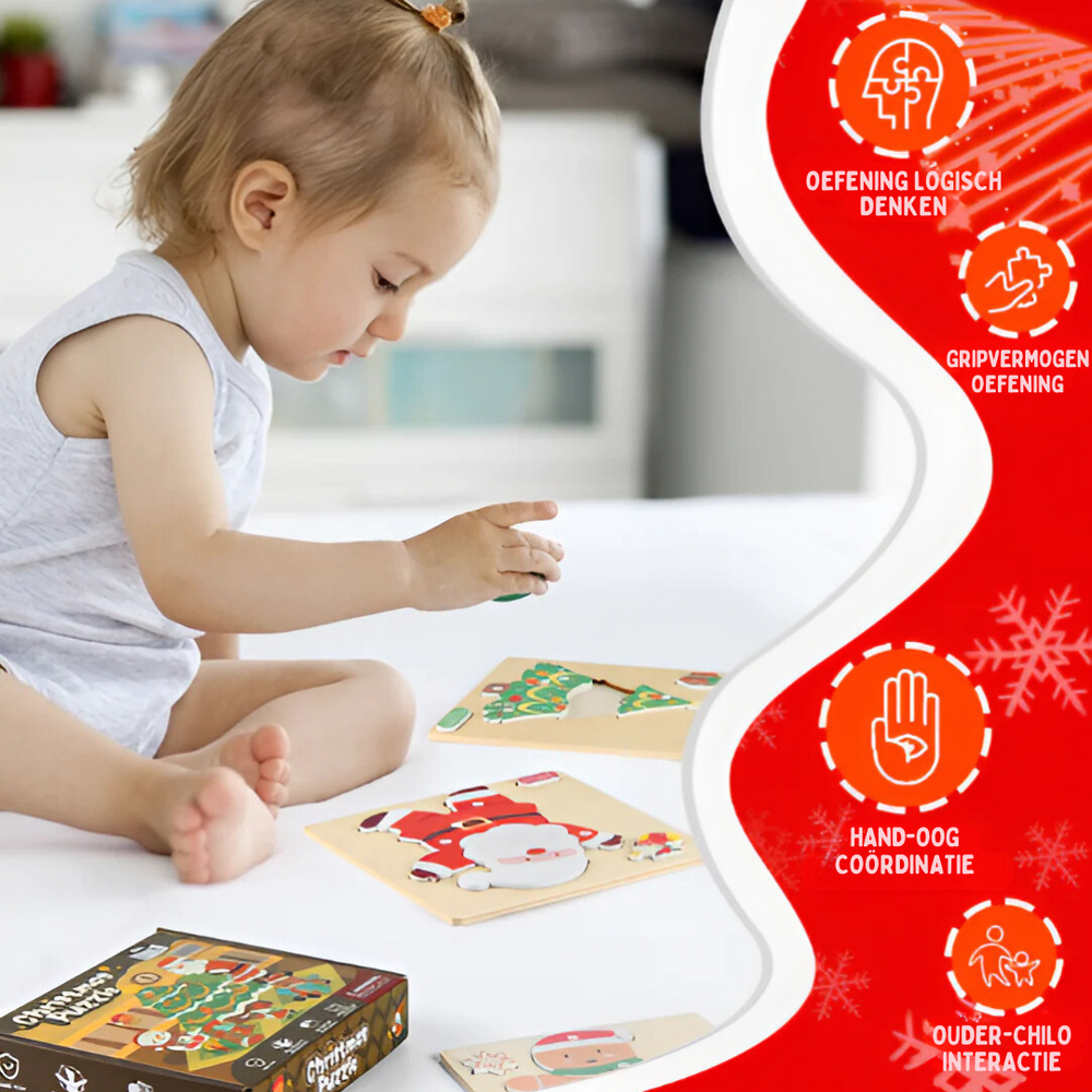 Puzzle Bożonarodzeniowe – Drewniane Puzzle dla Dzieci – Mikołaj, Renifer, Choinka i Piernikowy Ludzik – Zabawka Edukacyjna 3+ Lat – Motoryka Mała i Koordynacja Ręka-Oko