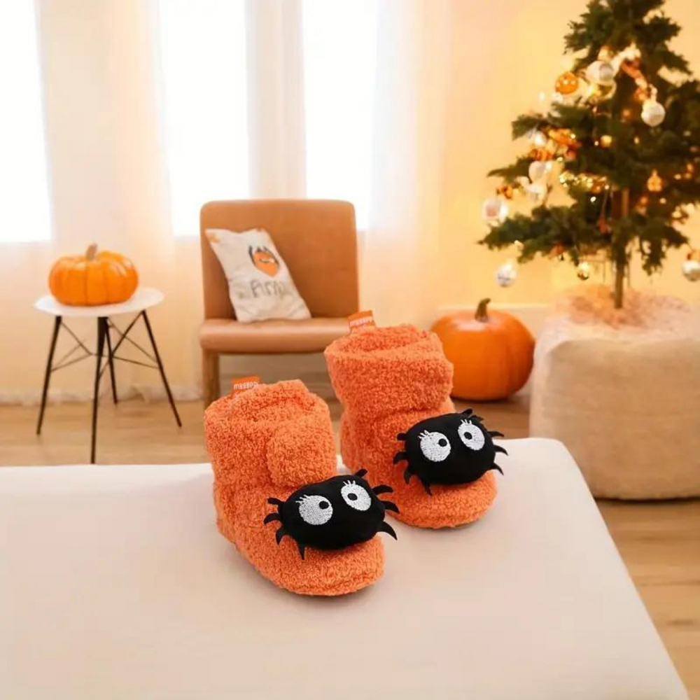 FrightFeet Kapcie Dziecięce Halloween – Ciepłe Polarowe Kapcie z Dyniami i Pająkami na Jesień i Zimę