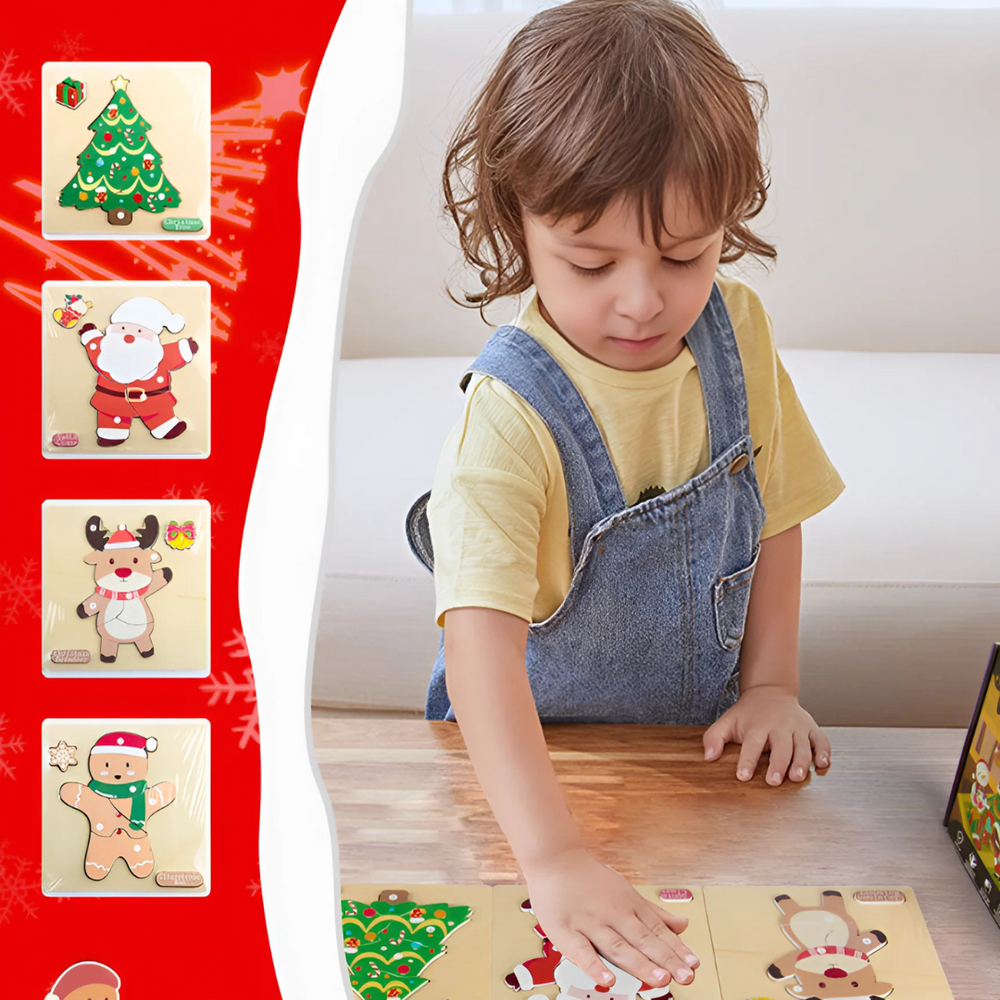 Puzzle Bożonarodzeniowe – Drewniane Puzzle dla Dzieci – Mikołaj, Renifer, Choinka i Piernikowy Ludzik – Zabawka Edukacyjna 3+ Lat – Motoryka Mała i Koordynacja Ręka-Oko