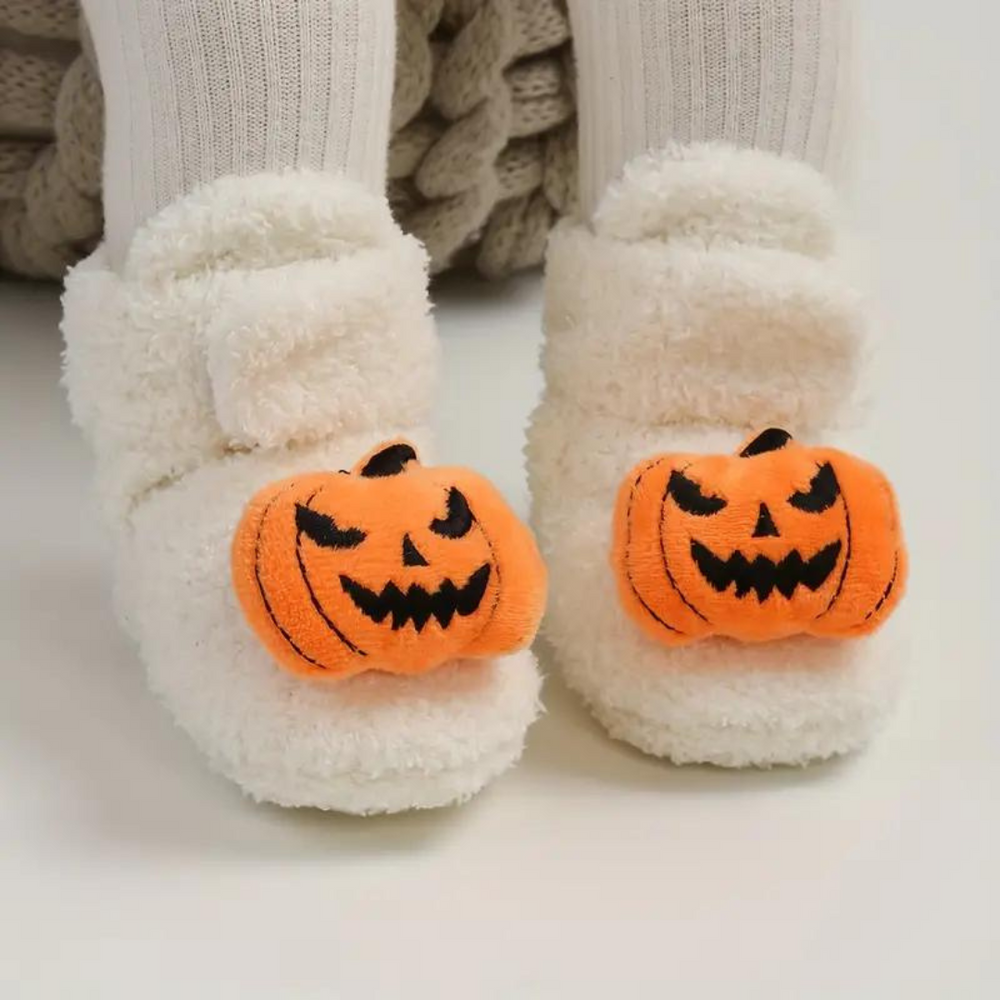 FrightFeet Kapcie Dziecięce Halloween – Ciepłe Polarowe Kapcie z Dyniami i Pająkami na Jesień i Zimę