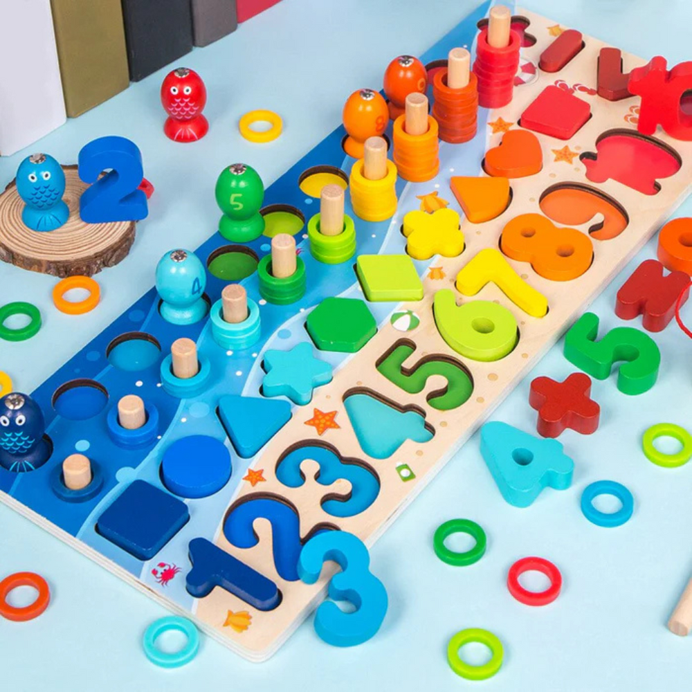 Montessori Drewniana Tablica Edukacyjna – Sensoryczna Zabawka Edukacyjna z Drewna Bukowego | Nauka Liczenia, Alfabetu i Łowienia Rybek dla Dzieci 2+