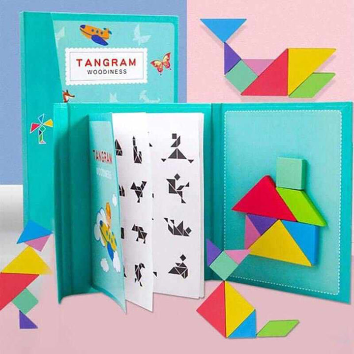 Magnetyczna Książka Tangram dla Dzieci – Drewniany Zestaw Puzzli z 96 Wyzwaniami