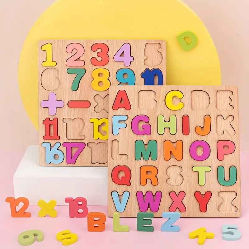 Drewniane Edukacyjne Puzzle dla Małych Dzieci – Litery, Cyfry i Kształty – Bezpieczna Zabawka Edukacyjna dla Dzieci od 3 Lat