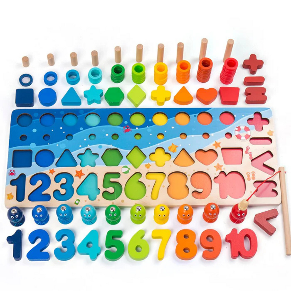 Montessori Drewniana Tablica Edukacyjna – Sensoryczna Zabawka Edukacyjna z Drewna Bukowego | Nauka Liczenia, Alfabetu i Łowienia Rybek dla Dzieci 2+