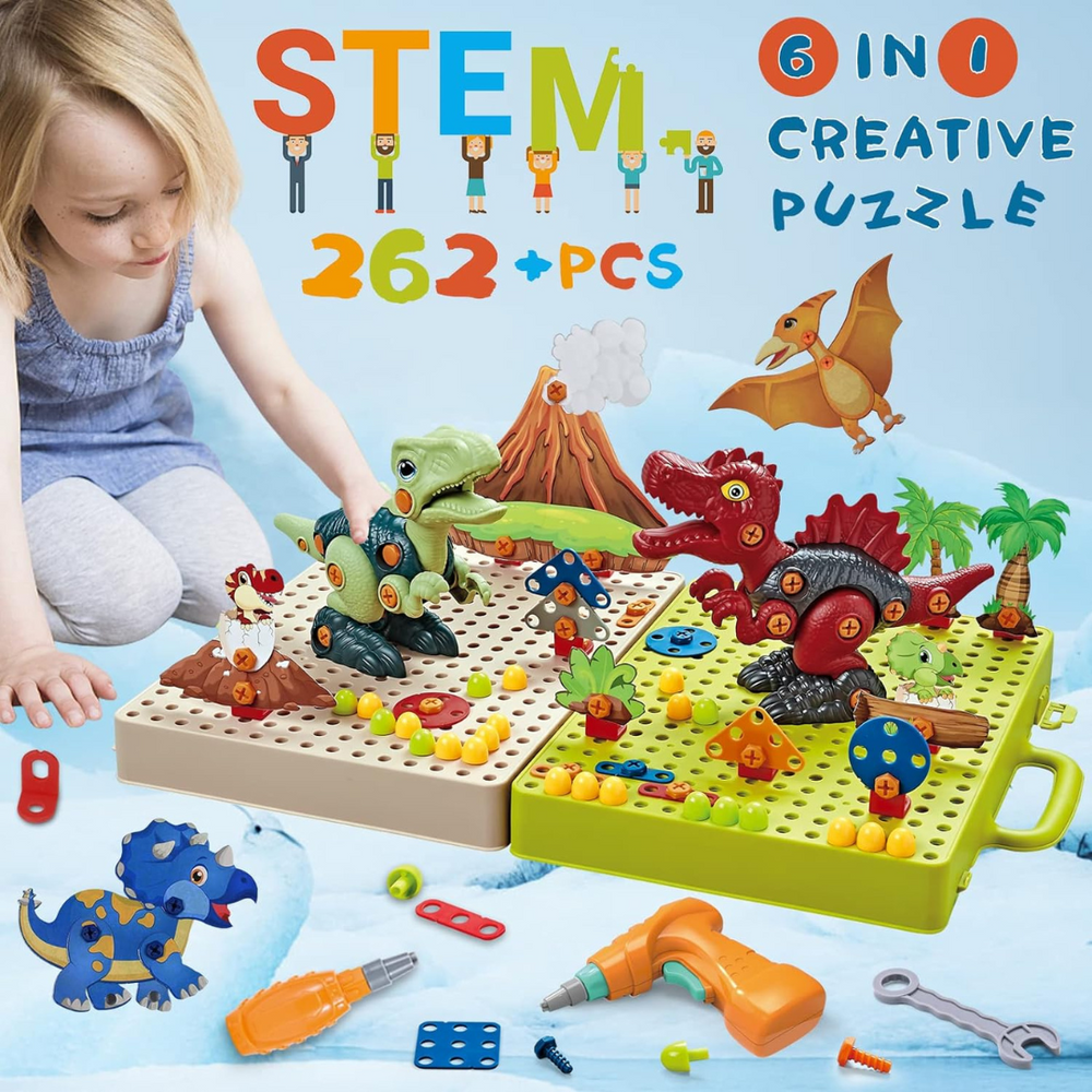 DinoBuilder Zestaw Zabawek Konstrukcyjnych – Kreatywna Zabawka Edukacyjna z Działającymi Narzędziami i Motywami Dinozaurów