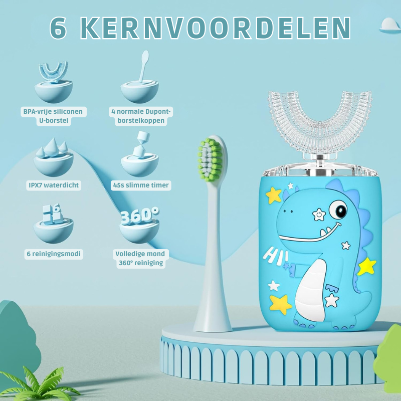 Elektryczna Szczoteczka do Zębów dla Dzieci z Główką U 360° i Pastą | RoarClean Junior SonicBrush – Miękka, Wodoodporna i z 6 Trybami Czyszczenia