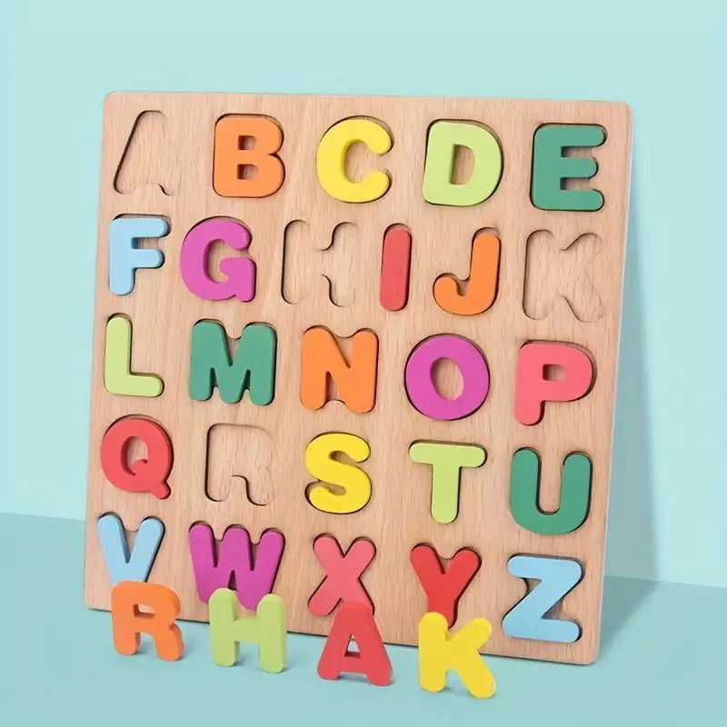 Drewniane Edukacyjne Puzzle dla Małych Dzieci – Litery, Cyfry i Kształty – Bezpieczna Zabawka Edukacyjna dla Dzieci od 3 Lat