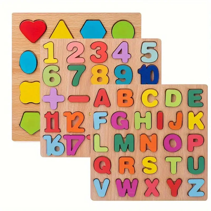 Drewniane Edukacyjne Puzzle dla Małych Dzieci – Litery, Cyfry i Kształty – Bezpieczna Zabawka Edukacyjna dla Dzieci od 3 Lat