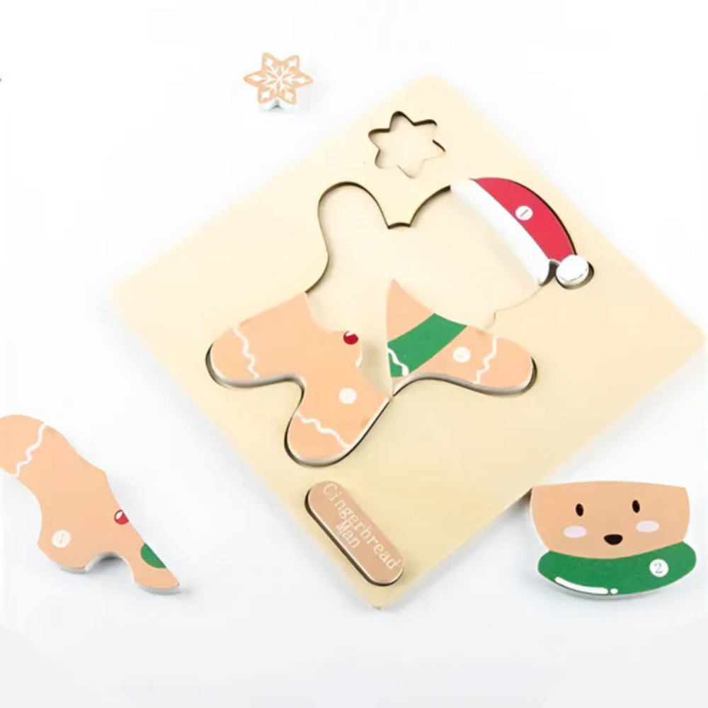 Puzzle Bożonarodzeniowe – Drewniane Puzzle dla Dzieci – Mikołaj, Renifer, Choinka i Piernikowy Ludzik – Zabawka Edukacyjna 3+ Lat – Motoryka Mała i Koordynacja Ręka-Oko