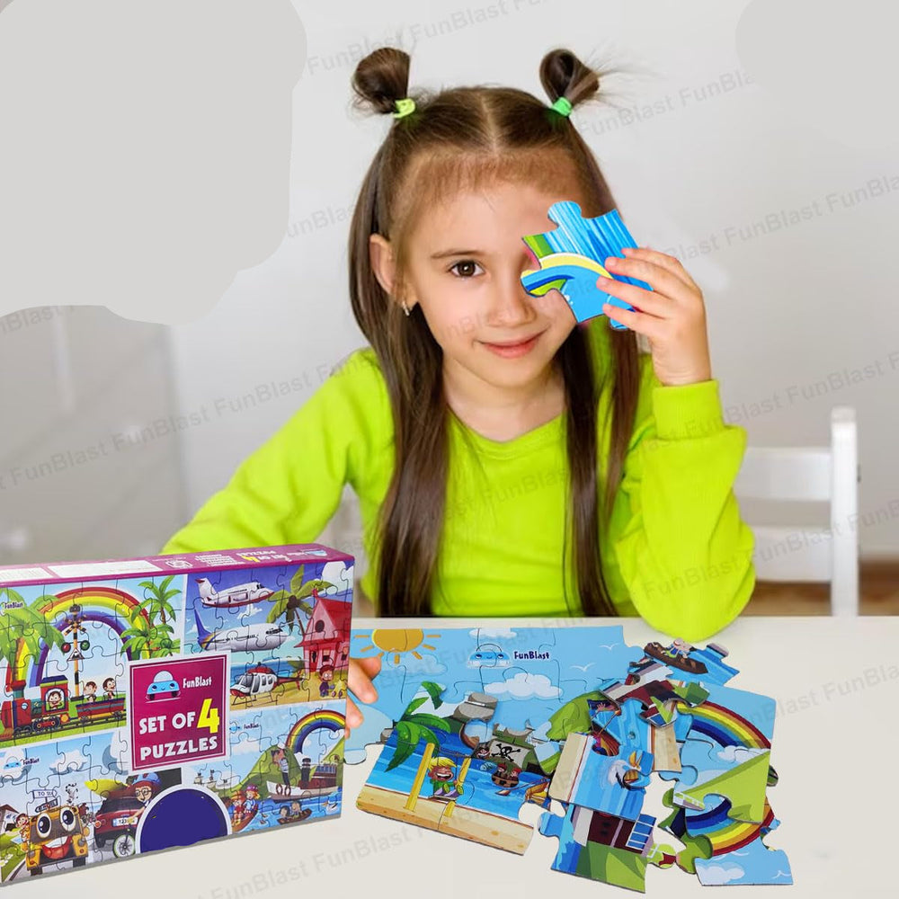Zestaw 4 Puzzli dla Dzieci – 96 Elementów Edukacyjnych Puzzli ze Zwierzętami i Pojazdami