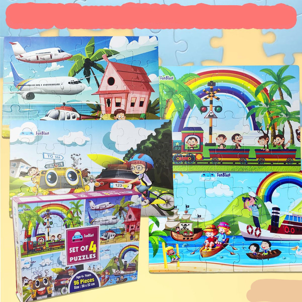 Zestaw 4 Puzzli dla Dzieci – 96 Elementów Edukacyjnych Puzzli ze Zwierzętami i Pojazdami