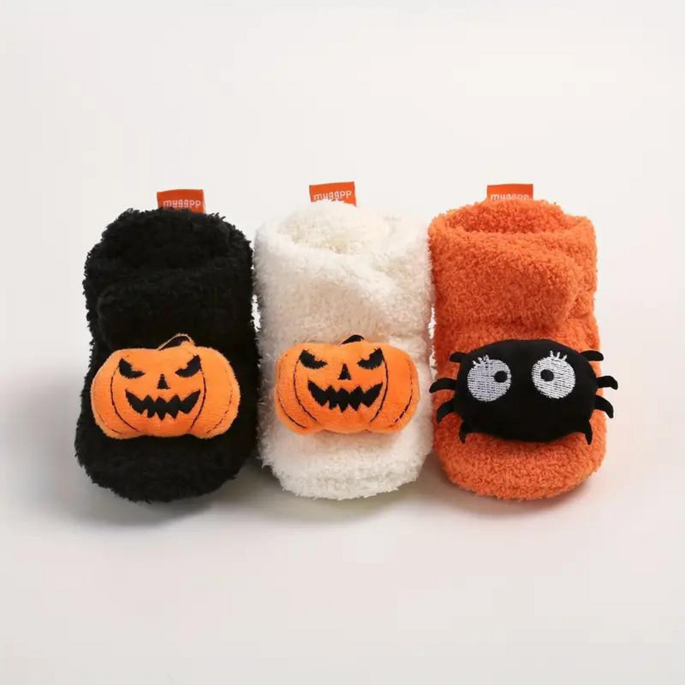FrightFeet Kapcie Dziecięce Halloween – Ciepłe Polarowe Kapcie z Dyniami i Pająkami na Jesień i Zimę