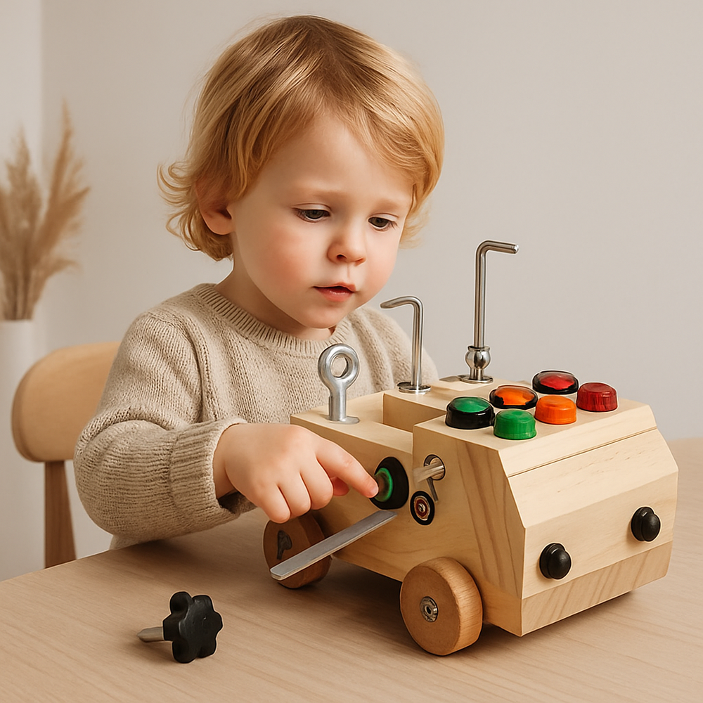 Drewniana Tablica Sensoryczna Montessori Autobus - Edukacyjna Zabawka z LED dla Dzieci ze Sklejki