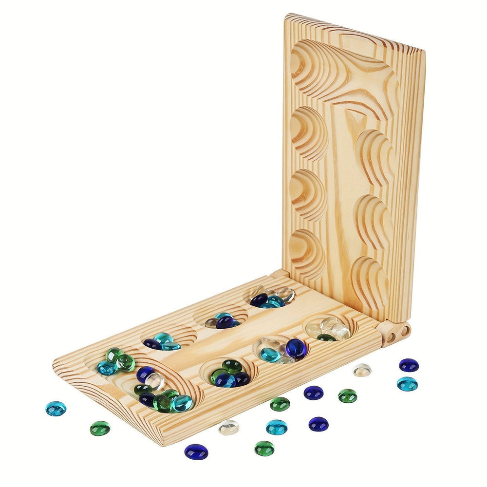 BrainStones – Luksusowa Przenośna Gra Podróżna Mancala dla Rodziny, Dzieci i Miłośników Strategii – Edukacyjna, Kompaktowa i Wysokiej Jakości Drewniana Plansza z 48 Szklanymi Kamieniami