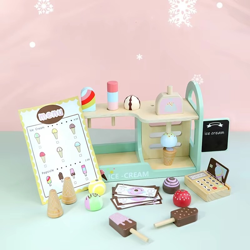 Playvero Count & Scoop Ice Bar – Edukacyjny Drewniany Zestaw do Zabawy w Lodziarni z Pieniędzmi i Zabawą w Role