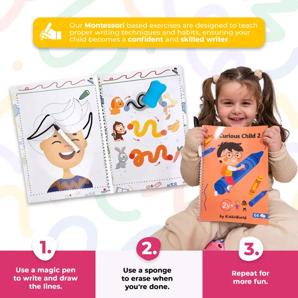 Zeszyt Ćwiczeń do Nauki Pisania dla Dzieci – Wielorazowy Workbook do Kreślenia Linii 3+