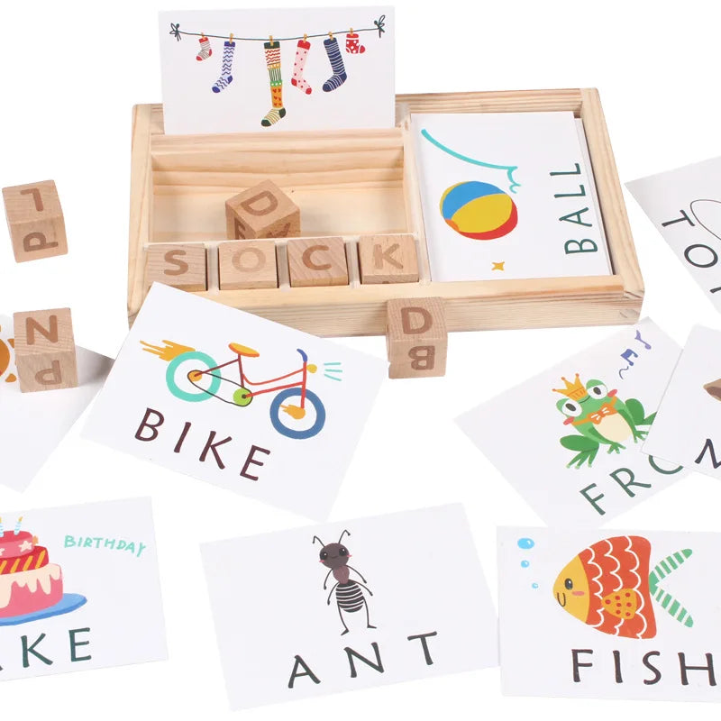 Montessori Drewniane Puzzle Językowe – Nauka Angielskiego z Edukacyjnymi Kartami Literowymi dla Dzieci (3+)