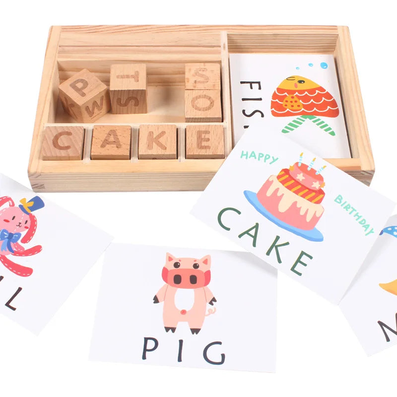Montessori Drewniane Puzzle Językowe – Nauka Angielskiego z Edukacyjnymi Kartami Literowymi dla Dzieci (3+)