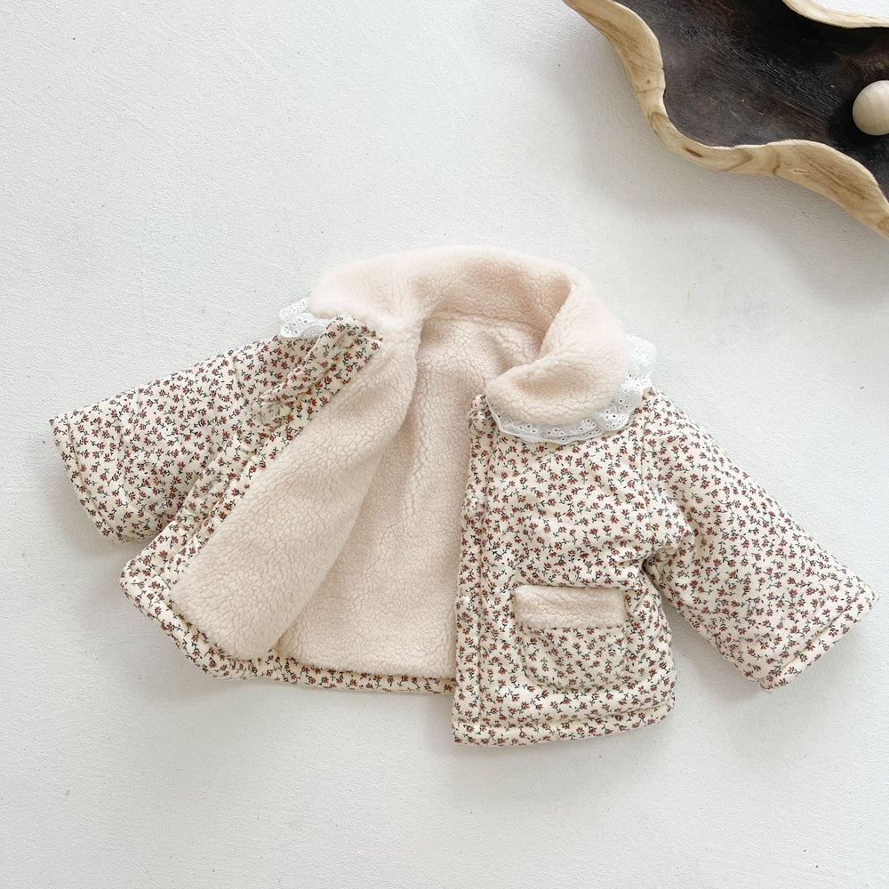 FloralFleece Dziewczęca Kurtka Zimowa z Koronkowym Kołnierzykiem | Ciepła Kurtka dla Niemowląt 6m–3L | Kwiecista Pluszowa Kurtka dla Dziewczynek