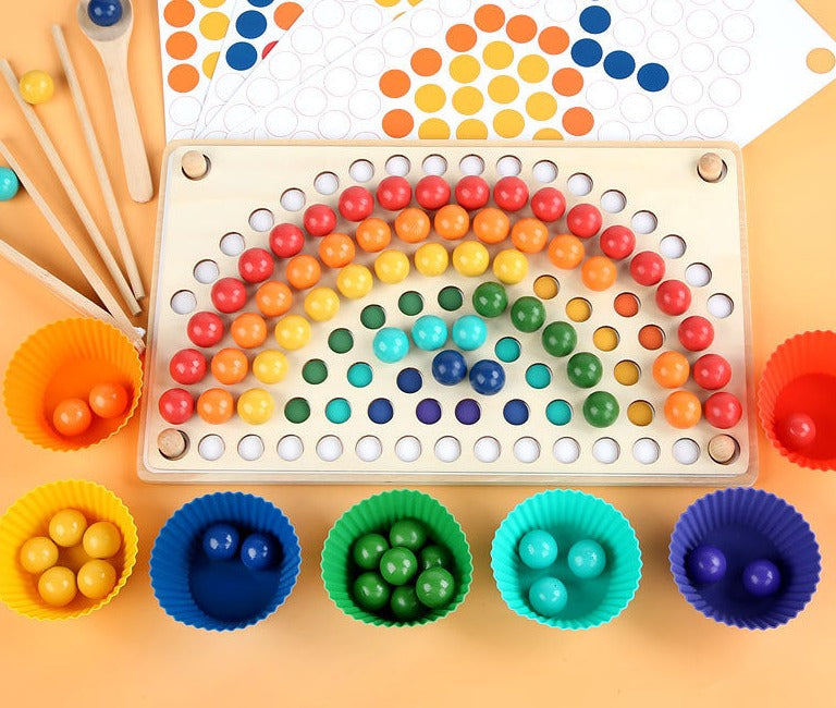 Mindello RainbowLink Zestaw do Sortowania – Edukacyjna Drewniana Gra z Koralikami dla Dzieci 3+, Motoryka i Nauka Kolorów