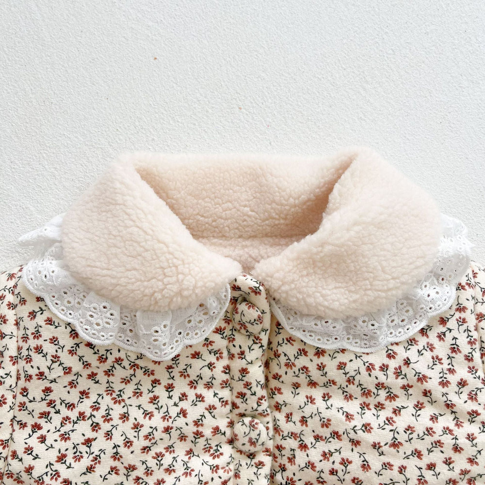 FloralFleece Dziewczęca Kurtka Zimowa z Koronkowym Kołnierzykiem | Ciepła Kurtka dla Niemowląt 6m–3L | Kwiecista Pluszowa Kurtka dla Dziewczynek