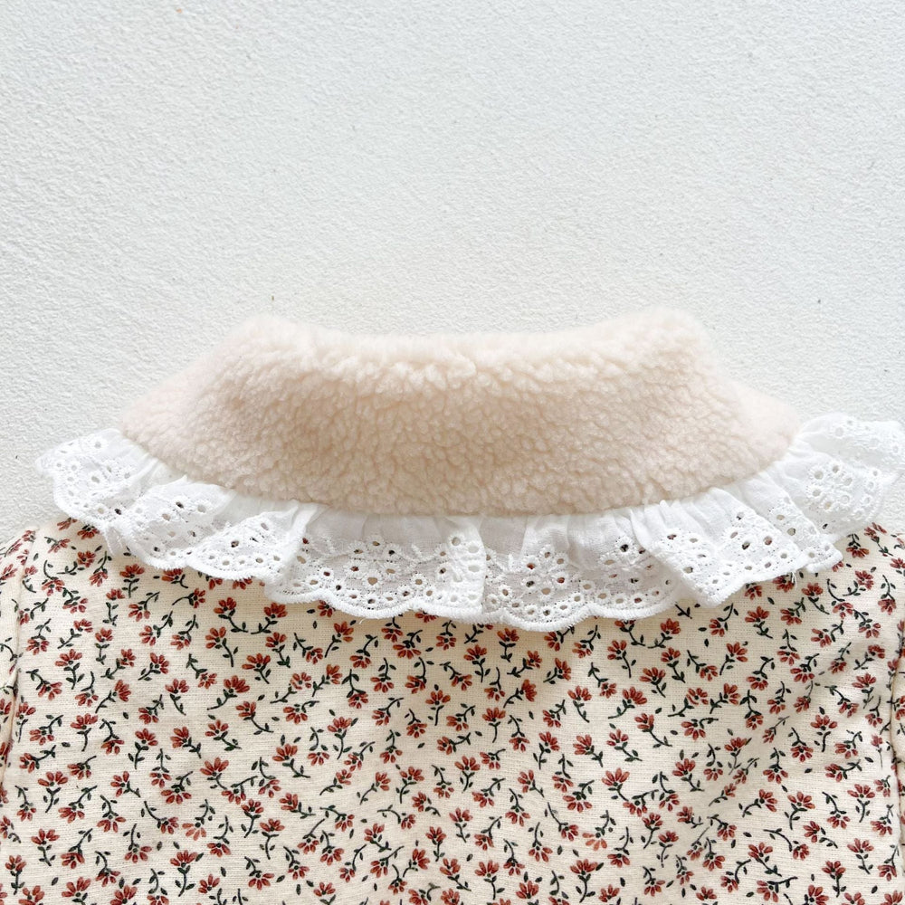 FloralFleece Dziewczęca Kurtka Zimowa z Koronkowym Kołnierzykiem | Ciepła Kurtka dla Niemowląt 6m–3L | Kwiecista Pluszowa Kurtka dla Dziewczynek