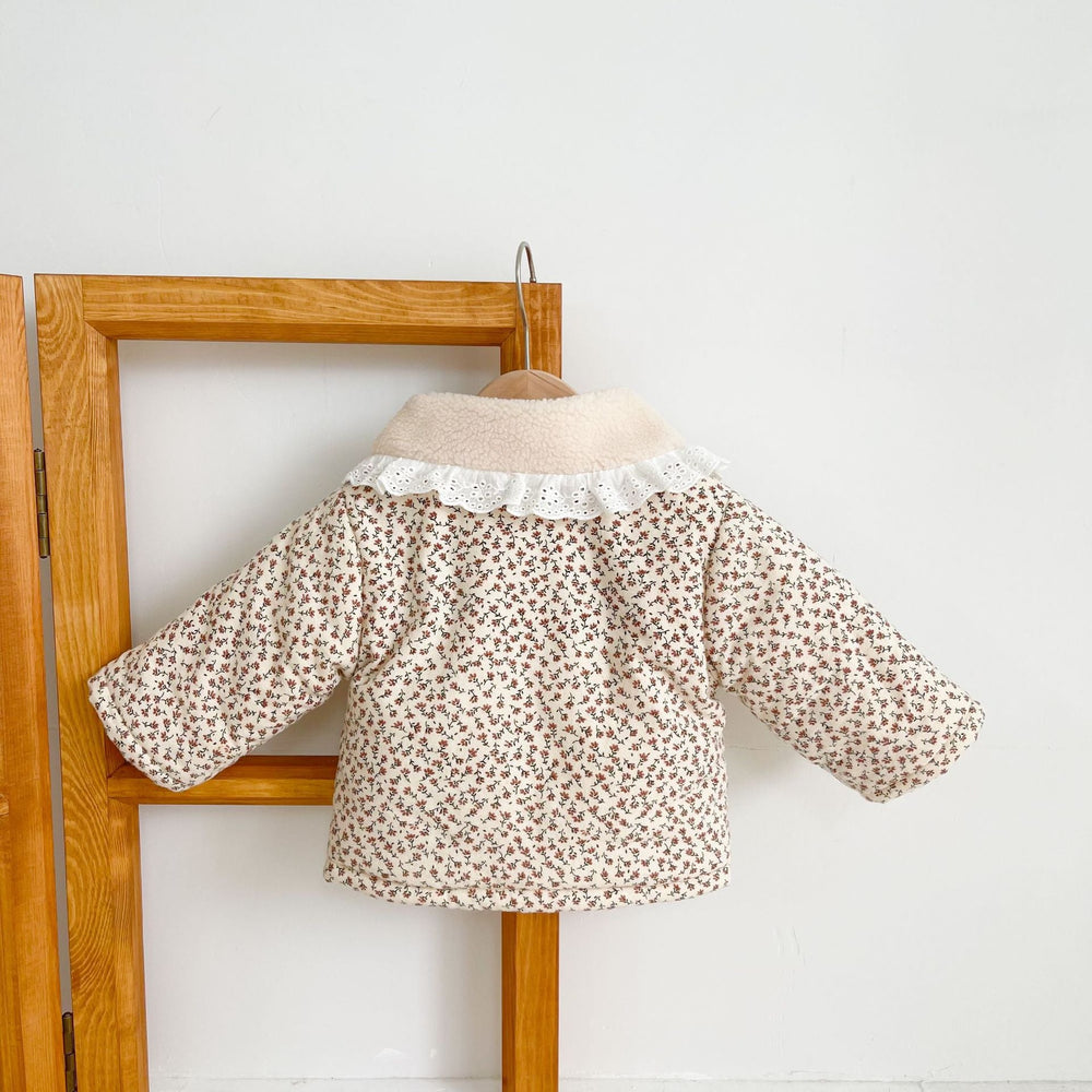 FloralFleece Dziewczęca Kurtka Zimowa z Koronkowym Kołnierzykiem | Ciepła Kurtka dla Niemowląt 6m–3L | Kwiecista Pluszowa Kurtka dla Dziewczynek