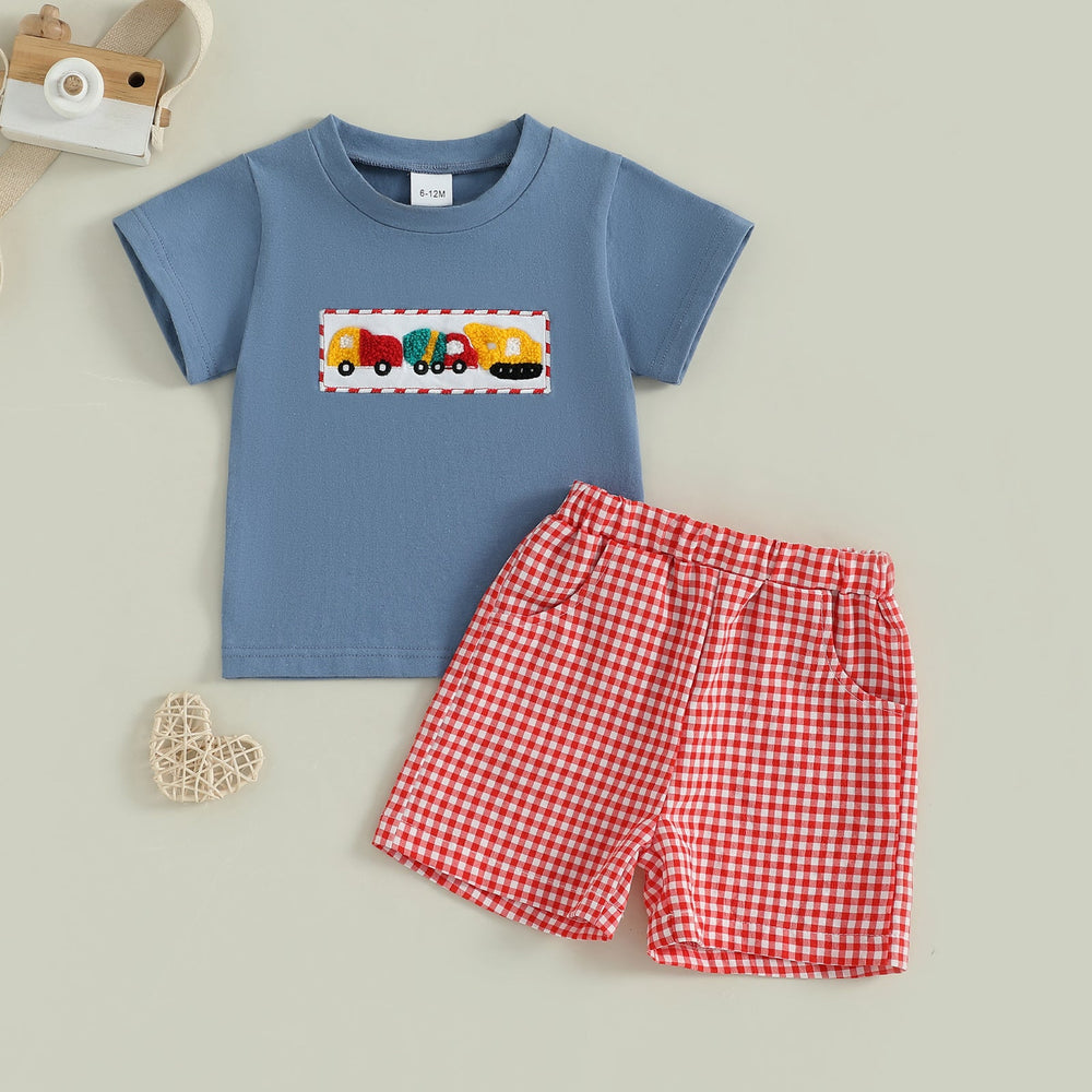 Letni Komplet Checkered Truck dla Chłopców | T-shirt z Samochodami i Kratką w Short | 6m–4L | Bawełna i Poliester | Niebieski i Czerwony