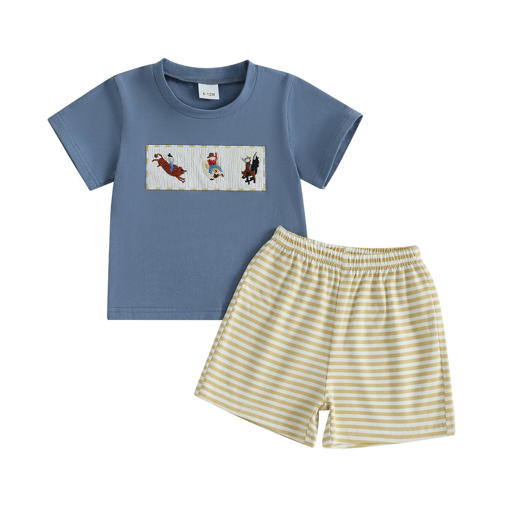 JungleJump Letni Zestaw dla Chłopców | T-shirt z Małpkami & Szorty w Paski | Bawełna & Poliester | 6m–4L | Niebieski & Żółty