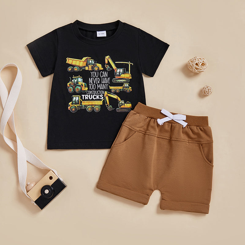 Letni Komplet TruckPower dla Chłopców | Koszulka z Koparkami i Spodenki | Bawełna i Spandex | 12M–5L | Odważny Strój z Pojazdami Budowlanymi