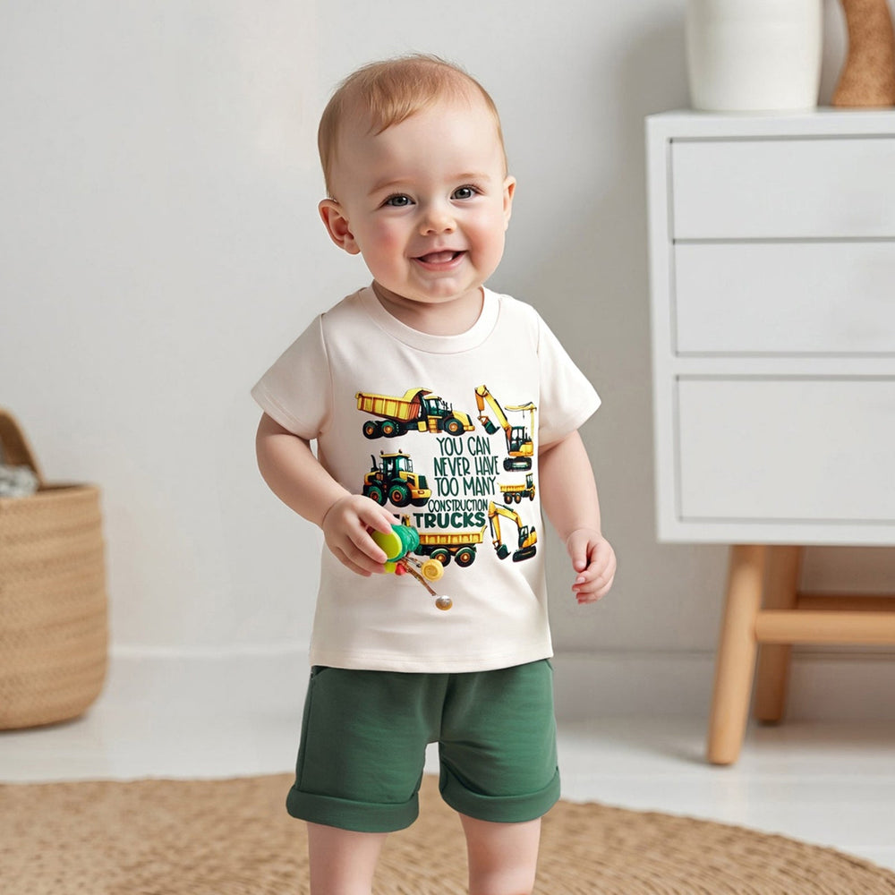 Letni Komplet TruckPower dla Chłopców | Koszulka z Koparkami i Spodenki | Bawełna i Spandex | 12M–5L | Odważny Strój z Pojazdami Budowlanymi