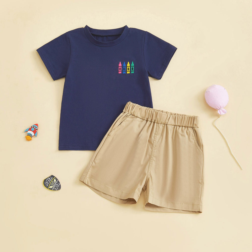 CrayonCool Letni Komplet dla Chłopców | T-shirt z Nadrukiem Kredek i Krótkie Spodenki | Bawełna i Poliester | 18M–6L | Granatowy lub Jasnoniebieski