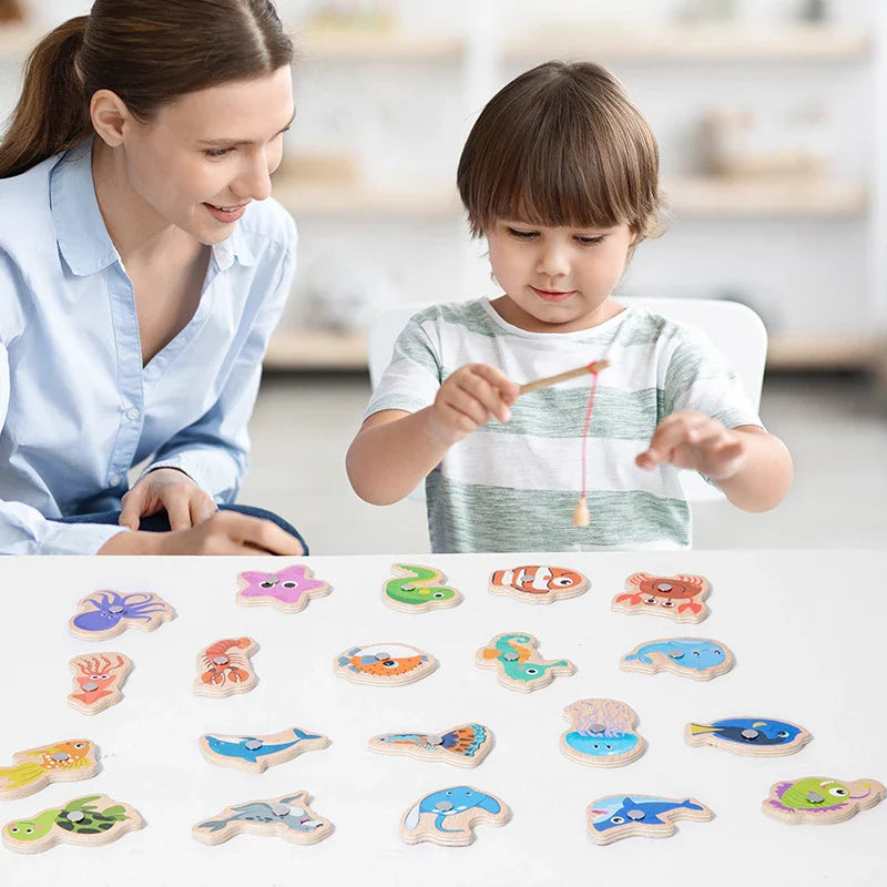 Montessori Magnetyczna Drewniana Gra w Łowienie Rybek – Edukacyjna Zabawka Morska