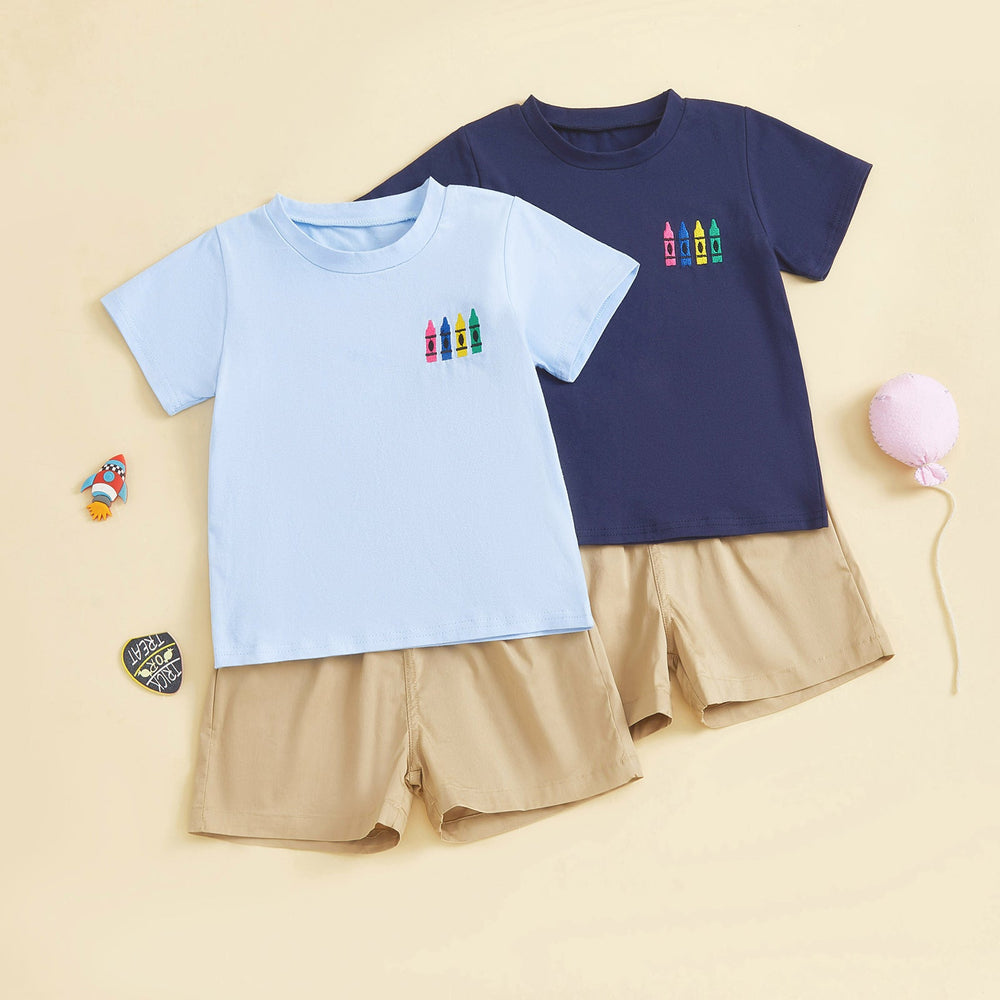 CrayonCool Letni Komplet dla Chłopców | T-shirt z Nadrukiem Kredek i Krótkie Spodenki | Bawełna i Poliester | 18M–6L | Granatowy lub Jasnoniebieski