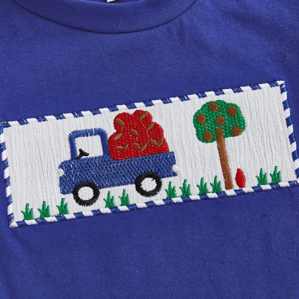 AppleTruck Letni Zestaw dla Chłopców | T-shirt z Ciężarówką Jabłek i Spodenki w Paski | Bawełna i Poliester | 6M–4L | Niebieski i Czerwony