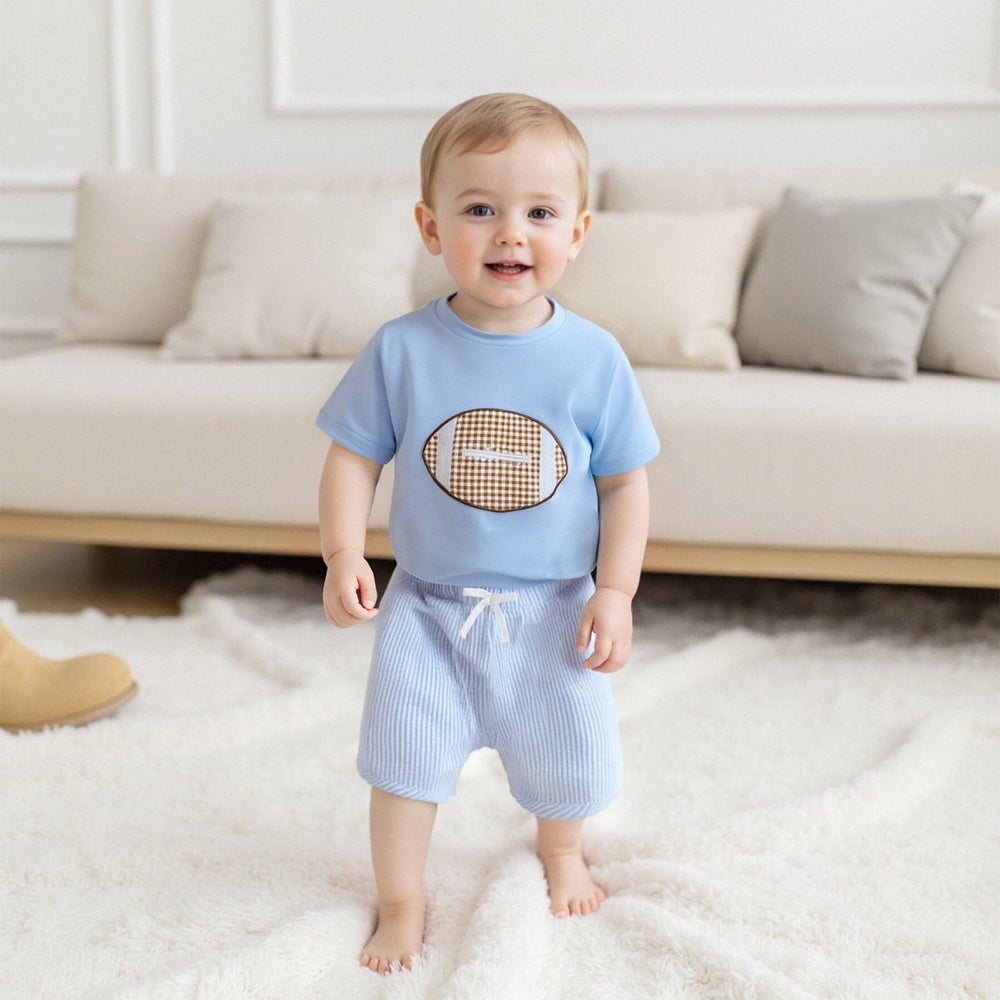 Zestaw Letni Touchdown dla Chłopców | T-shirt z Piłką Rugby i Jasnoniebieskie Spodenki | Bawełna i Poliester | 6m–4L | Sportowy Strój dla Niemowląt