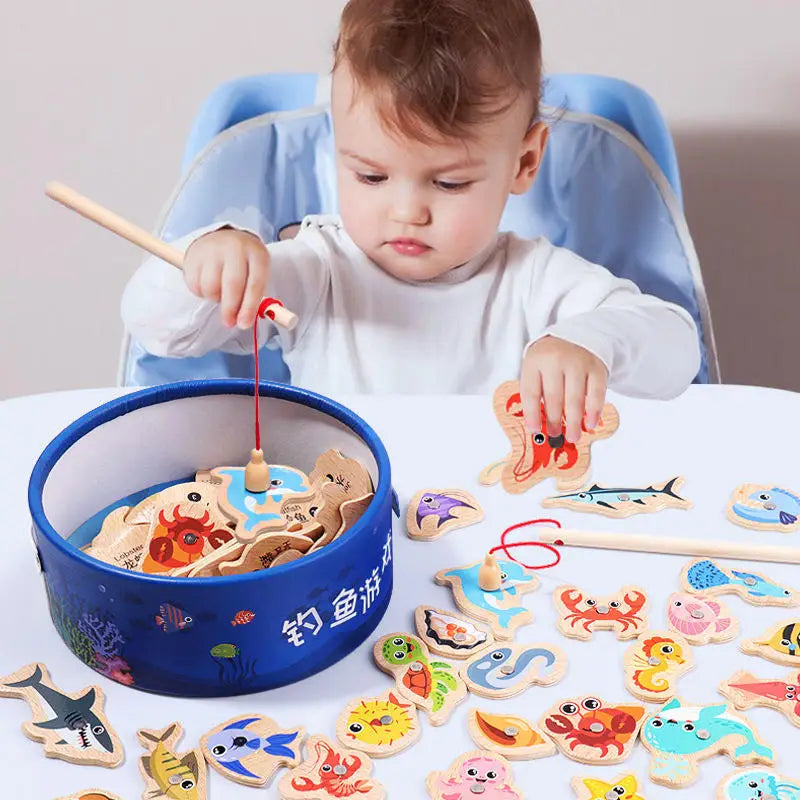 Montessori Magnetyczna Drewniana Gra w Łowienie Rybek – Edukacyjna Zabawka Morska