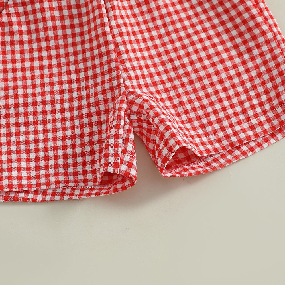 Letni Komplet Checkered Truck dla Chłopców | T-shirt z Samochodami i Kratką w Short | 6m–4L | Bawełna i Poliester | Niebieski i Czerwony