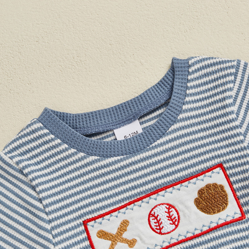 Letni Komplet Baseball Stripe dla Niemowląt i Małych Dzieci | Dzianinowa Koszulka i Spodenki | Bawełna Knit | 0–3 Lata | Sportowy Look dla Chłopców