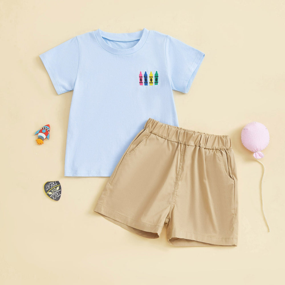 CrayonCool Letni Komplet dla Chłopców | T-shirt z Nadrukiem Kredek i Krótkie Spodenki | Bawełna i Poliester | 18M–6L | Granatowy lub Jasnoniebieski